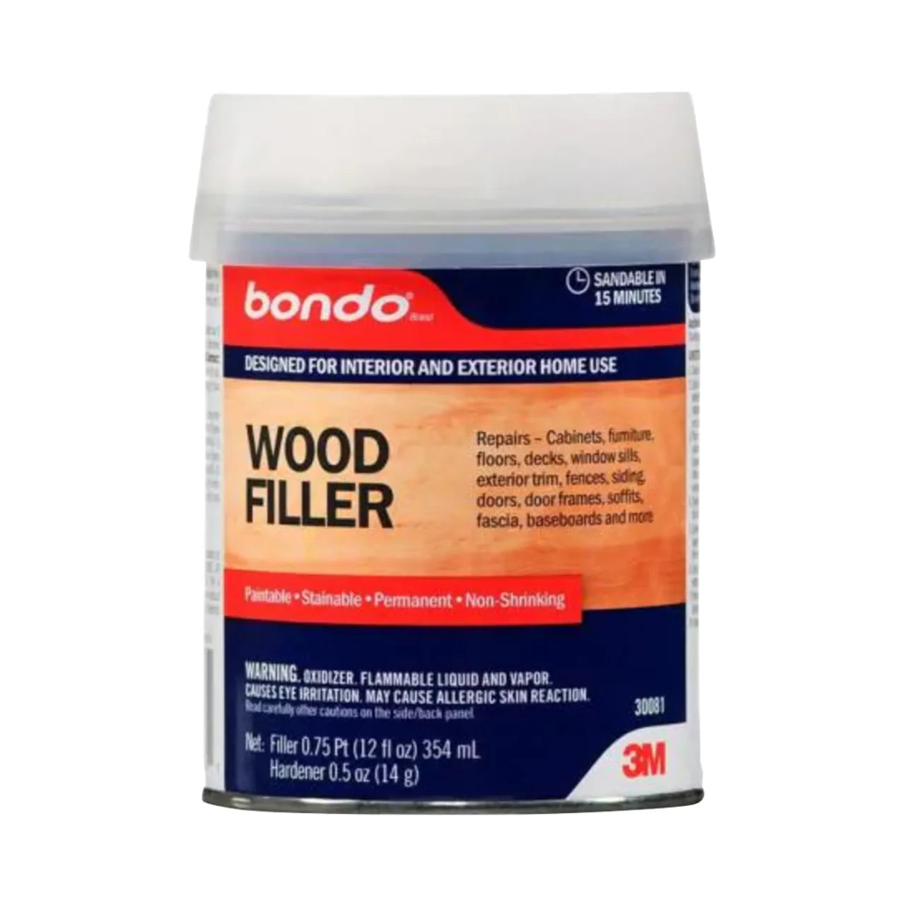 The Go Build Bondo 12 fl. oz. Wood Filler is ideal for indoor and outdoor wood repairs, offering a water-resistant, paintable, stainable, permanent, non-shrinking solution. It includes a hardener in its 0.75 pint container for reliable outcomes every time.